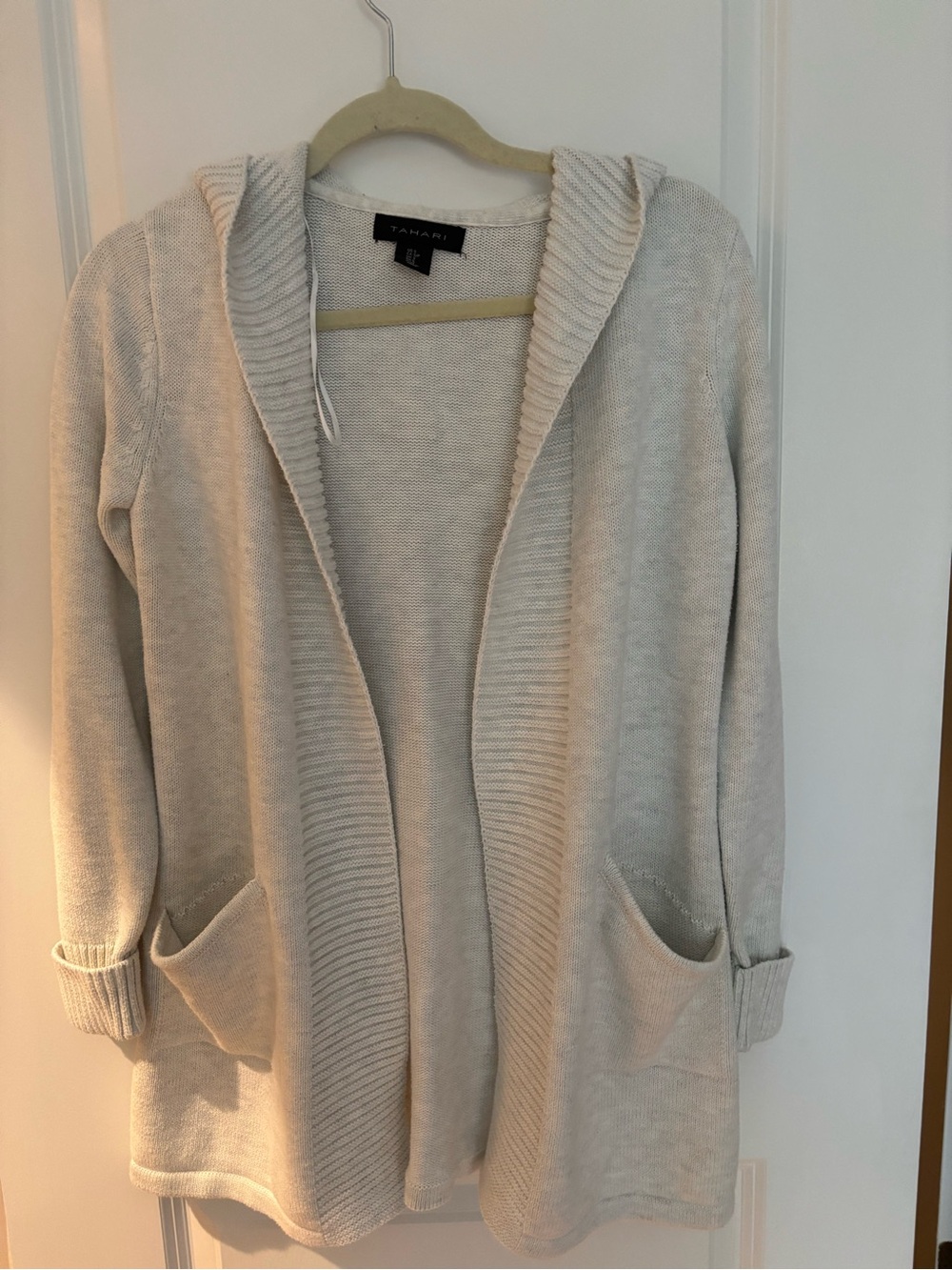 Tahari Light Cream Hooded Open-Front Cardigan with Pockets